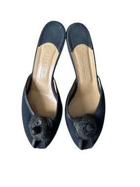 CHANEL Navy Blue Camellia Open-Back Mules